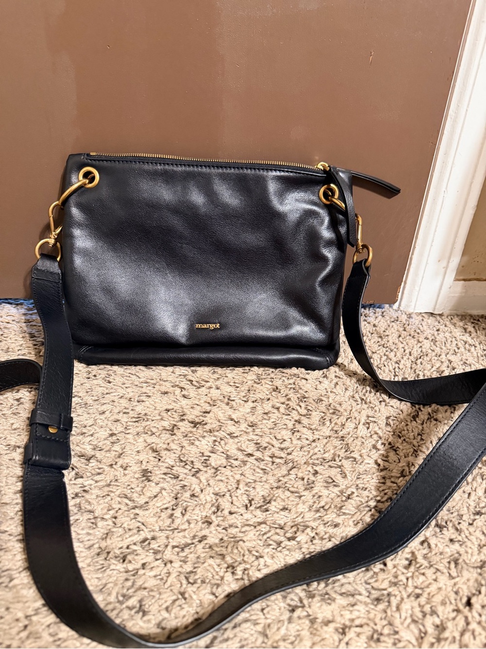 margot Black Leather Crossbody Bag with Gold Hardware